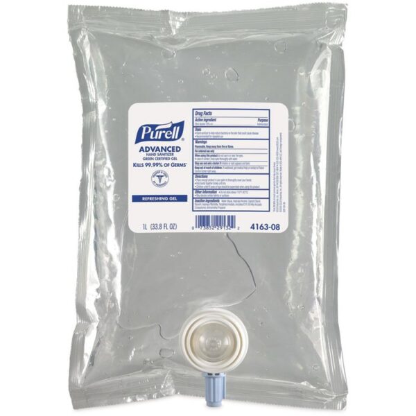 Advanced Hand Sanitizer Green Certified Gel Refill, For CS2 Dispensers, 1,000 mL, Fragrance-Free, 8/Carton