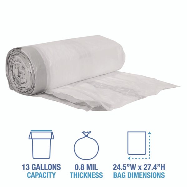 Drawstring Kitchen Bags, Drawstring, 13 gal, 24" x 28", White, 50 Bags/Roll, 2 Rolls/Carton