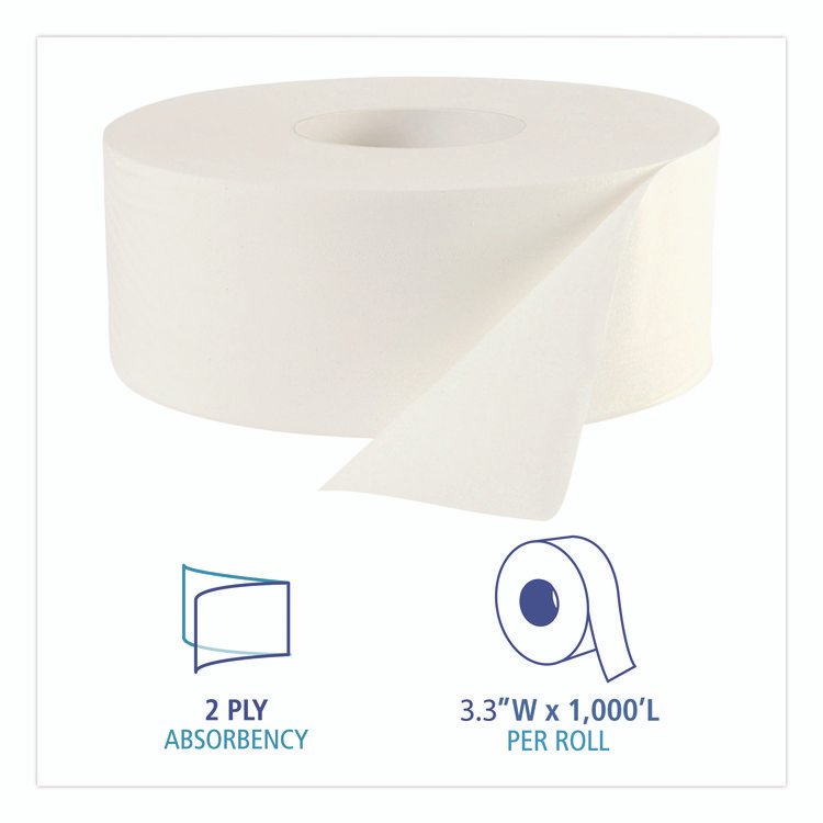 JRT Bath Tissue, Jumbo, Septic Safe, 2-Ply, White, 3.3" x 1,000 ft, 12 Rolls/Carton - Image 3