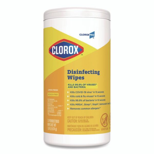 Disinfecting Wipes, 1-Ply, 7 x 8, Lemon Fresh, White, 75/Canister, 6/Carton - Image 3