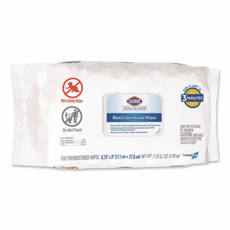 Bleach Germicidal Wipes, Disinfectant Wipes, 1-Ply, 6.75 x 9, Unscented, White, 100 Wipes/Flex-Pack, 6 Flex-Packs/Carton - Image 2