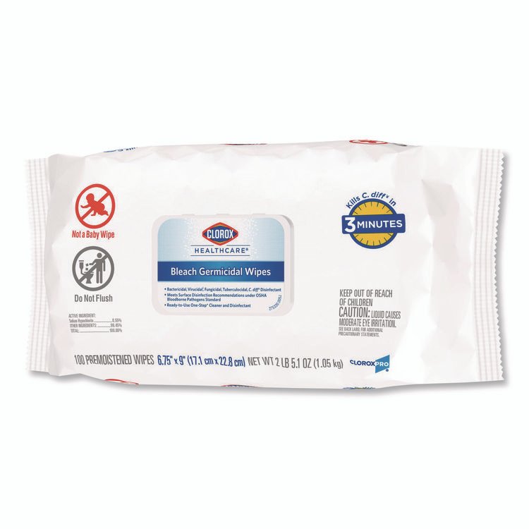 Bleach Germicidal Wipes, Disinfectant Wipes, 1-Ply, 6.75 x 9, Unscented, White, 100 Wipes/Flex-Pack, 6 Flex-Packs/Carton - Image 5
