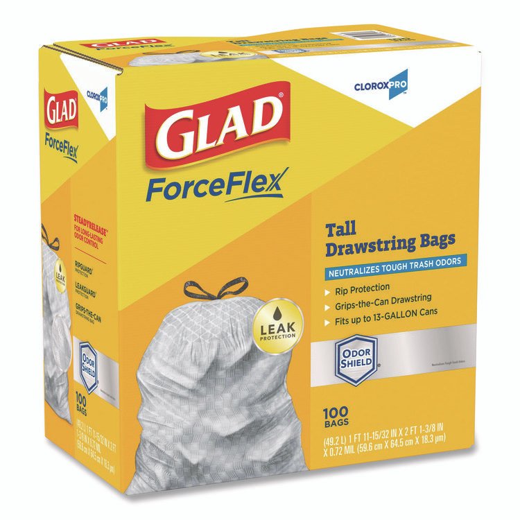 CloroxPro ForceFlex Tall Kitchen Drawstring Trash Bags, 13 gal, 23.75 x 24.88, Gray, 100/Box