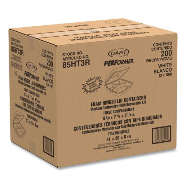 Foam Hinged Lid Containers, 3 Compartments, 8.38 x 7.78 x 3.25, 200/Carton - Image 2
