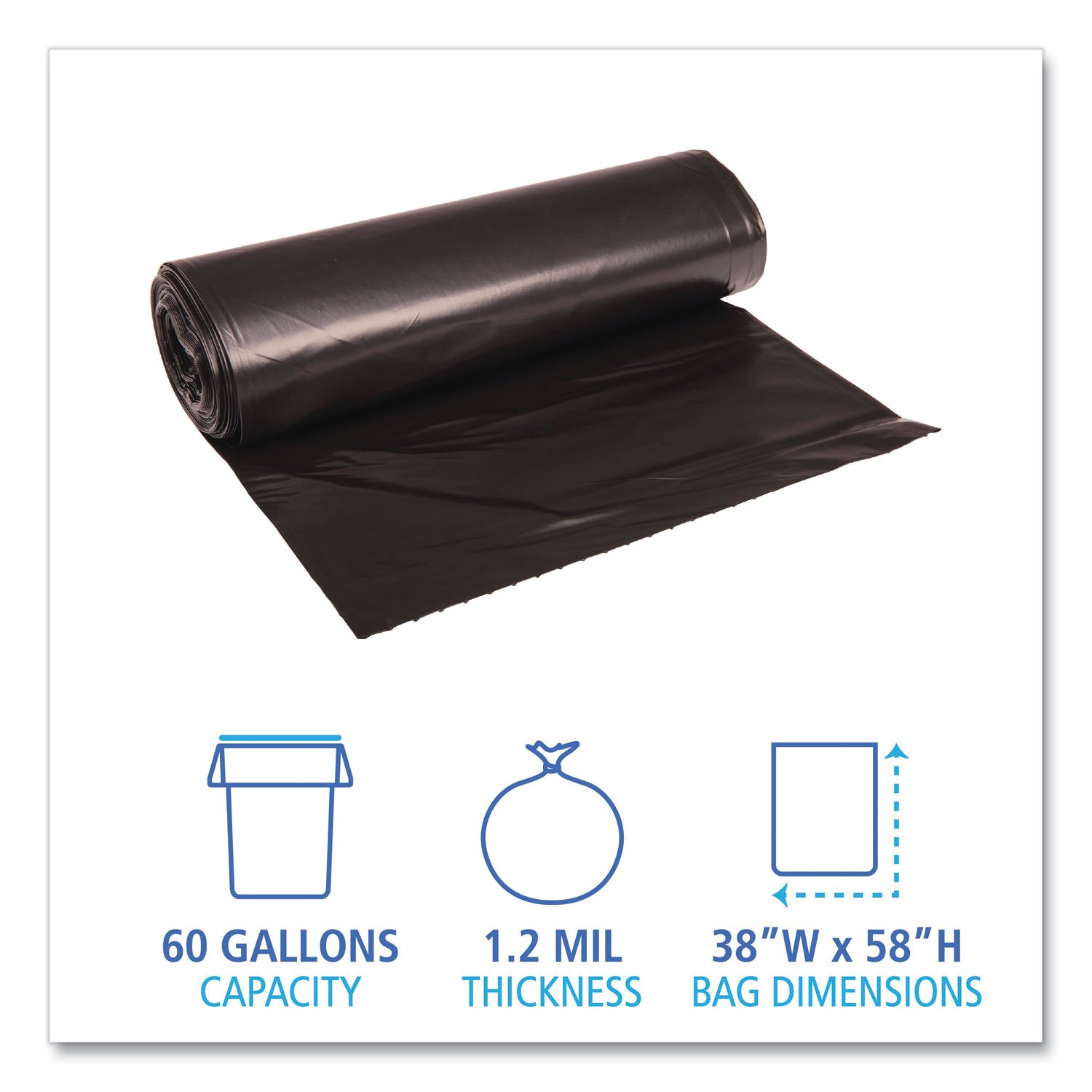 Recycled Low-Density Polyethylene Can Liners, 60 gal, 1.2 mil, 38" x 58", Black, Perforated, 10 Bags/Roll, 10 Rolls/Carton