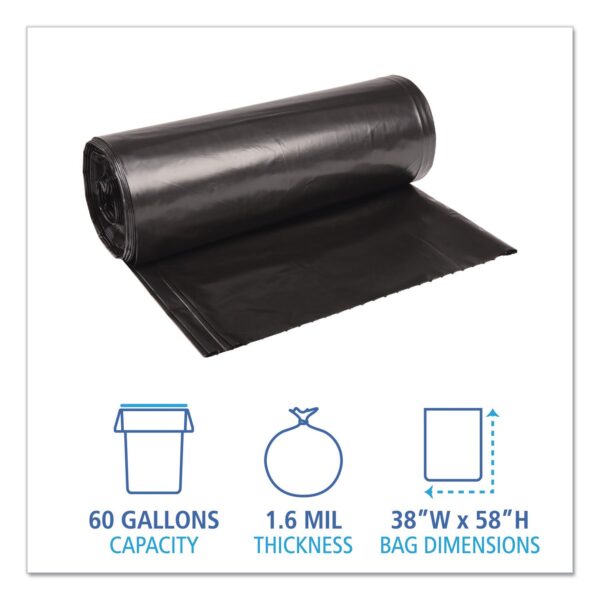 Recycled Low-Density Polyethylene Can Liners, 60 gal, 1.6 mil, 38" x 58", Black, Perforated, 10 Bags/Roll, 10 Rolls/Carton