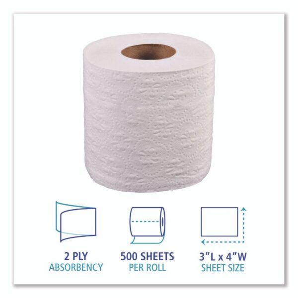 2-Ply Toilet Tissue, Standard, Septic Safe, White, 4 x 3, 500 Sheets/Roll, 96 Rolls/Carton - Image 3
