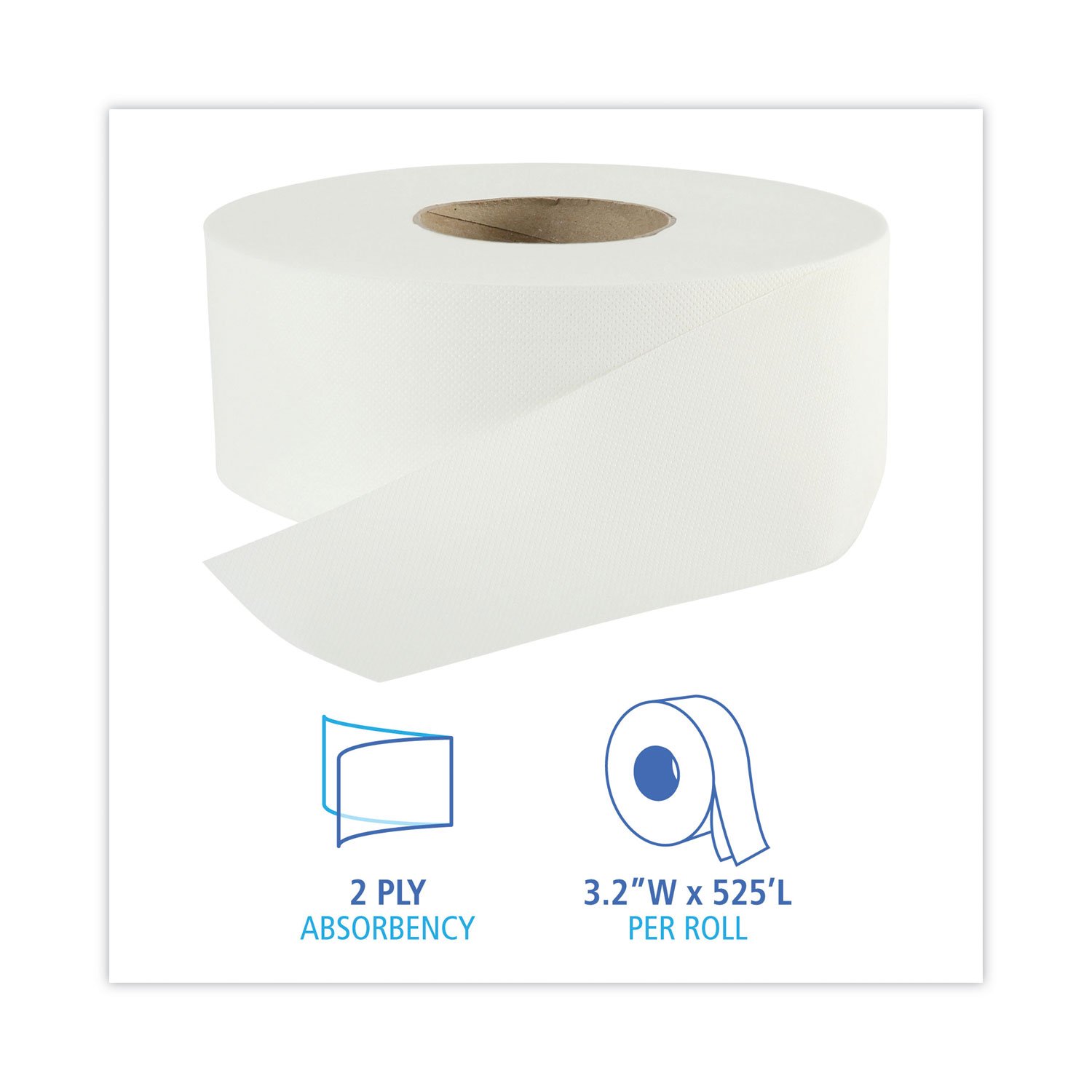 Jumbo Roll Bathroom Tissue, Septic Safe, 2-Ply, White, 3.2" x 525 ft, 12 Rolls/Carton
