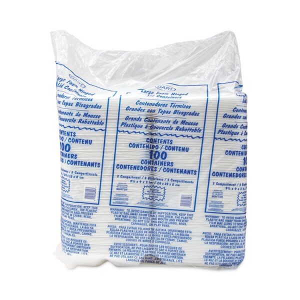 Foam Hinged Lid Container, 3 Compartments, 8 oz, 9 x 9.4 x 3, White, 100/Sleeve, 2 Sleeves/Carton - Image 3