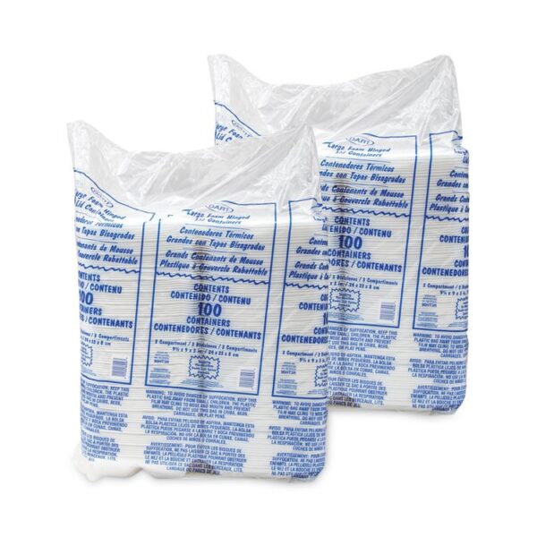 Foam Hinged Lid Container, 3 Compartments, 8 oz, 9 x 9.4 x 3, White, 100/Sleeve, 2 Sleeves/Carton - Image 4
