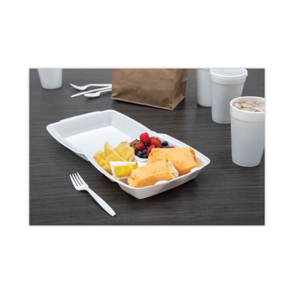 Foam Hinged Lid Container, 3 Compartments, 8 oz, 9 x 9.4 x 3, White, 100/Sleeve, 2 Sleeves/Carton - Image 5
